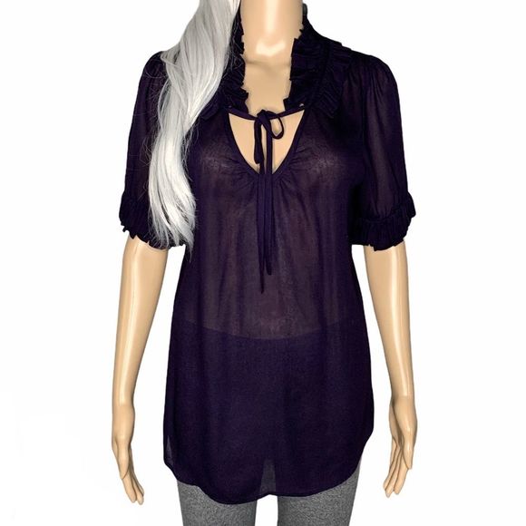 Anthro Odille Ruffle Neck Cuff Purple Tunic Top Size Small - Picture 1 of 11